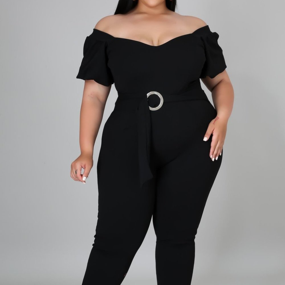 On or Off Shoulder Black Belted Jumpsuit